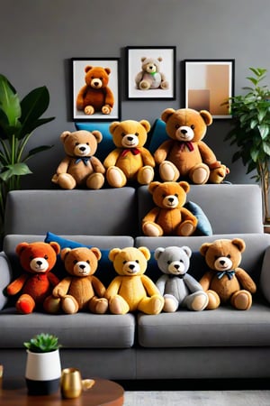 Make a realistic photo of stock pile of multiple teddy bears on a gray couch in the living room with pictures on the wall and plants in the background