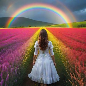 Rainbow arching over a girl in colorful vibrant field,cinematic quality