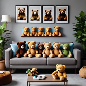 Make a realistic photo of multiple teddy bears on a gray couch in the living room with pictures on the wall and plants in the background