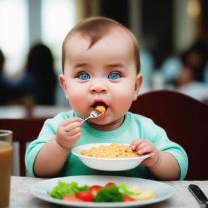 Make a realistic photo of a big cute baby eating at dining table, cute realistic eyes, realistic eyes