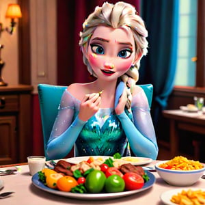 Make a realistic photo of a Elsa eating at dining table, disney style