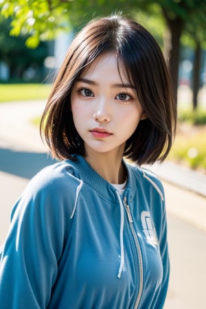 Clear and expressive eyes, lively beautiful female college student, attractive short hair, innocent girl, body facing front, bright spring outfit, full of sunshine, ((A gaze that is not looking at the camera)), 