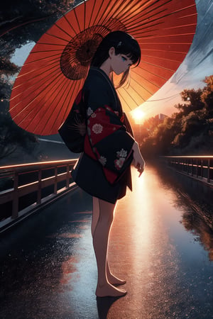  beautiful eyes,black hair,japanese mythology,outlined vector graphics, chromatic aberration,warm lighting,(best quality), (masterpiece), (ultra detailed),ash middle hair,half straight hair,shiny skin, The road, sunset rainy weather ,messy bangs, tall stature and slender,full body,Japanese umbrella