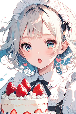 An anime-style illustration of a young female character who is running with a cake and looks surprised.  She wears a black and white maid outfit with frills and ribbons, and her pink cheeks and big blue eyes show her shock and excitement.  Her hair is blowing in the wind and the cake is adorned with strawberries and cream. The background is white and the focus is on her and the cake. Small heart-shaped icons express cuteness and joy around her.  The illustration has a bright and pop atmosphere, full of movement and energy.  delicate facial features, extremely detailed fine touch
