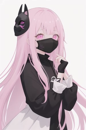 a girl with long hair that is half pink and half black, with dark eyes and wearing a mask