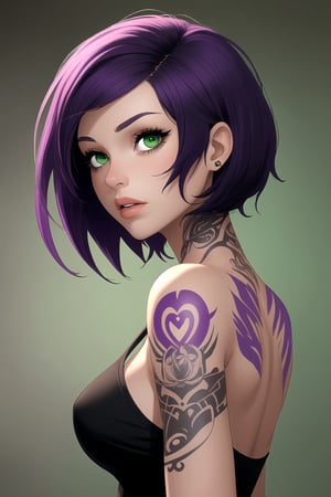 girl with short purple hair and green eyes and with tattoos