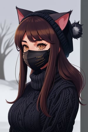 a girl with a woolen hat with cat ears and wearing a mask