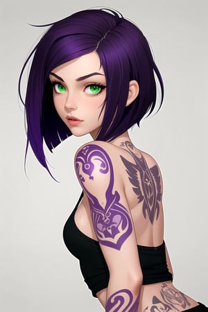 girl with short purple hair and green eyes and with tattoos