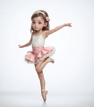 (child face), toddler, loli, short legs, short arms, masterpiece, best_quality, highres, very_detailed, score_9_up, score_8_up, score_7_up, 1girl, solo, (child:1.5), toddler, ballerina, dancing, white_background, long hair