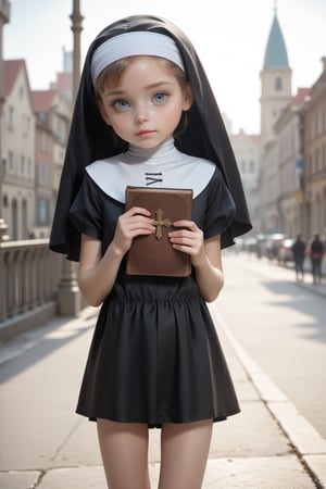 (child face), loli, short legs, short arms, score_9_up, score_8_up, score_7_up, source_real, BREAK, nun, tiny flat breasts, city, hetro, dramaticwatercolor, realistic, standing, girl carrying a bible, solo, dress, black clothes