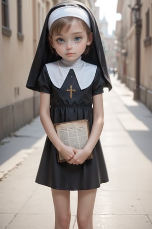 (child face), loli, short legs, short arms, score_9_up, score_8_up, score_7_up, source_real, BREAK, nun, tiny flat breasts, city, hetro, dramaticwatercolor, realistic, standing, girl carrying a bible, solo, dress, black clothes