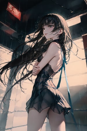 [[artist:as109, artist:wlop]], artist:WANKE,artist:ke-ta,artist:akakura,artist:Mika, [artist:ciloranko], [[artist:hiten]],
(cinematic_lighting, low_angle_shot, rule_of_thirds:1.4)
(1girl, long_wavy_black_hair, fair_skin, black_eyes,  slight_smile:1.3),
(delicate_features, full_lips, slightly_pouty_expression, playful_wink:1.2),
(slender_figure, toned_legs,  soft_curves, athletic_build:1.2),
(black_lace_dress, revealing_outfit,  sheer_fabric,  open_back:1.3),
(standing_pose, arms_crossed,  one_hand_on_hip,  legs_slightly_apart:1.3),
(raining_heavily,  rain_drops_blurring_background,  wet_pavement,  neon_lights:1.1),
(ancient_temple,  stone_columns,  red_lanterns,  japanese_architecture:1.1),
high_quality, ultra_detailed, photorealistic,  soft_lighting,  dynamic_composition