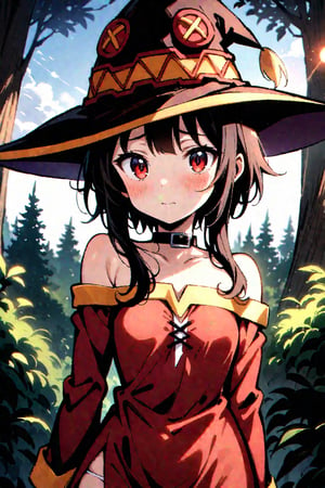 Medium full shot, Highly detailed, high quality, masterpiece, beatiful, intricate details, cinematic lighting , expressive eyes, perfect face, face looking at viewer, nimugempnxl, megumin, 1girl, solo, short hair with long locks, small breasts, medium blush, bare shoulders, off shoulder, black choker, off-shoulder dress, black panties, witch hat (detailed background, afternoon, golden hour, sunset, vibrant colors, forest)