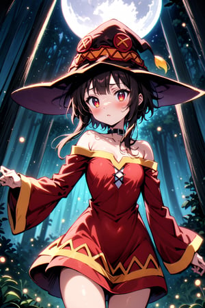 Medium full shot, Highly detailed, high quality, masterpiece, beatiful, intricate details, cinematic lighting , expressive eyes, perfect face, face looking at viewer, ((full shot)), nimugempnxl, megumin, 1girl, solo, short hair with long locks, small breasts, medium blush, bare shoulders, off shoulder, black choker, off-shoulder dress, red dress, , ((witch hat)),  ((night), ((fullmoon)), ((stars)), vibrant colors, forest, ((fireflies)), ((campfire)), 