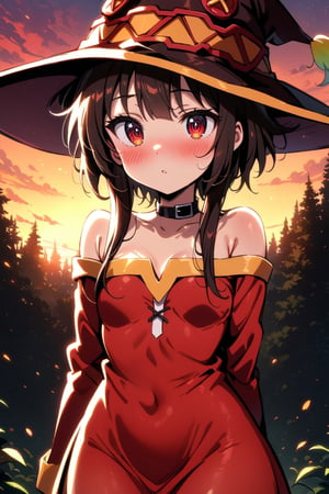 Medium full shot, Highly detailed, high quality, masterpiece, beatiful, intricate details, cinematic lighting , expressive eyes, perfect face, face looking at viewer, ((full shot)), nimugempnxl, megumin, 1girl, solo, short hair with long locks, small breasts, medium blush, bare shoulders, off shoulder, black choker, off-shoulder dress, red dress, , witch hat ((afternoon), ((golden-hour)), sunset, vibrant colors, forest), 