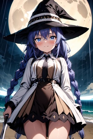 ((slightly above shot)), ((full body), Highly detailed, high quality, masterpiece, beatiful, intricate details, cinematic lighting , expressive eyes, perfect face, medium blush, face looking at viewer, RoxyMigurdia,1girl, smirk, blue hair, twin braids, long hair, bangs, blue eyes, RoxyDress, white dress, witch black hat, brown dress, black necktie, long sleeves, staff, holding staff, detailed background, rain, ((Beautiful Beach)), ((fullmoon)), (night)