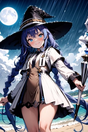 ((slightly above shot)), ((full body), Highly detailed, high quality, masterpiece, beatiful, intricate details, cinematic lighting , expressive eyes, perfect face, medium blush, face looking at viewer, RoxyMigurdia,1girl, smirk, blue hair, twin braids, long hair, bangs, blue eyes, RoxyDress, white dress, witch black hat, brown dress, black necktie, long sleeves, staff, white staff,  detailed background, rain, ((Beautiful Beach)), ((fullmoon)), (night)