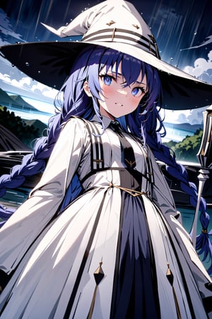 ((slightly above shot)), ((full body), Highly detailed, high quality, masterpiece, beatiful, intricate details, cinematic lighting , expressive eyes, perfect face, medium blush, face looking at viewer, RoxyMigurdia,1girl, smirk, blue hair, twin braids, long hair, bangs, blue eyes, RoxyDress, white dress, witch black hat, brown dress, black necktie, long sleeves, staff, white staff,  detailed background, rain, ((Beautiful Beach)), ((fullmoon)), (night)