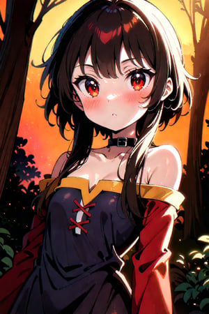 Medium full shot, Highly detailed, high quality, masterpiece, beatiful, intricate details, cinematic lighting , expressive eyes, perfect face, face looking at viewer, ((medium long shot)), nimugempnxl, megumin, 1girl, solo, short hair with long locks, small breasts, medium blush, bare shoulders, off shoulder, black choker, off-shoulder dress, black panties, witch hat ((afternoon), ((golden-hour)), sunset, vibrant colors, forest), 