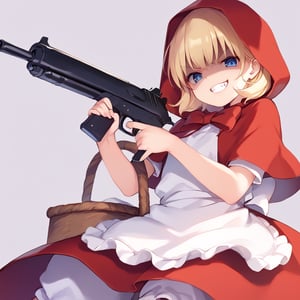 score_9, score_8_up, score_7_up, source_anime, BULLETA,blonde hair,blue eyes,,red dress,red hood,red capelet,apron,white bloomers, Perfect Hands, holding gun, imi uzi, grenade, 
looking at viewer,fang,shaded face,evil grin,
little red riding hood \(grim\) \(cosplay\),little red riding hood (grimm) (cosplay), holding basket,
masterpiece, best quality, 8k, ultra-detailed,