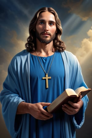 realistic portrait of a male jesus christ, wearing blue dress, hdr 8k, masculine, looking_at_camera, holding bible in one hand, wearing christ symbol locket on neck, full body shot ,photorealistic