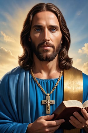 realistic portrait of a male jesus christ, wearing blue dress, hdr 8k, masculine, looking_at_camera, holding bible in one hand, wearing christ symbol locket on neck, full body shot ,photorealistic