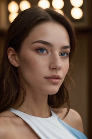 A portrait of a British female model with symmetrical facial features, high cheekbones, a well-defined jawline, and a balanced profile. She has clear, radiant skin and healthy, glossy straight hair, looking in front camera.  Her fit and toned body has well-proportioned limbs, and she possesses expressive blue eyes and well-groomed eyebrows. Unique features include freckles and a distinctive nose. intricate, highly detailed, sharp focus, elegant, realistic, cinematic view, artstation. Artist or style inspiration: by artgerm, greg rutkowski, alphonse mucha.,l0wcutdress,