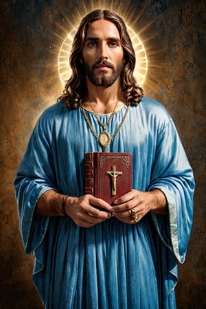 realistic portrait of a jesus christ, wearing blue dress, hdr 8k, looking_at_camera, holding bible in one hand, wearing christ symbol locket on neck, full body shot 