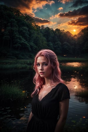 Best work, (Best quality, ,HDR, 8k, 32k, raw photo, photorealistic, UHD:1.2), beautiful 20 year old girl in long black dress at the lakeside in a forest, eyes, pink hair, detailed face, perfect face, pond, dark sky, lights in the background, realism, red sky, detailed sky, realistic clouds, sun, bright environment, late afternoon, sun rays in the clouds