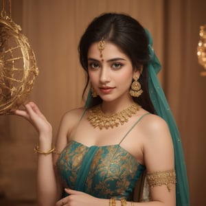 "Create a high-resolution image of an Indian model. The model should have traditional Indian features, including dark hair, brown eyes, and warm skin tone. She is wearing a beautifully adorned traditional Indian outfit, such as a sari, in vibrant colors like parpal or royal peach, with intricate gold embroidery. Her hair is styled in a traditional updo, adorned with jasmine flowers, and she is wearing traditional jewelry, including a maang tikka, jhumka earrings, and bangles. The background is a festive Indian setting with rich cultural elements, such as an ornate temple or a lively marketplace."