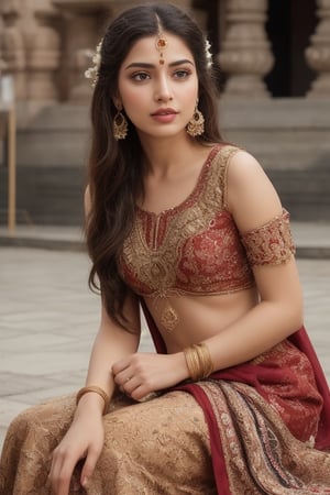 "Create a high-resolution image of an Indian model. The model should have traditional Indian features, including dark hair, brown eyes, and warm skin tone. She is wearing a beautifully adorned traditional Indian outfit, such as a salwar, in vibrant colors like red or royal blue, with intricate gold embroidery. Her hair is styled in a traditional updo, adorned with jasmine flowers, and she is wearing traditional , including a jhumka earrings, and bangles. The background is a pune such as an kareswar temple or a lively marketplace."