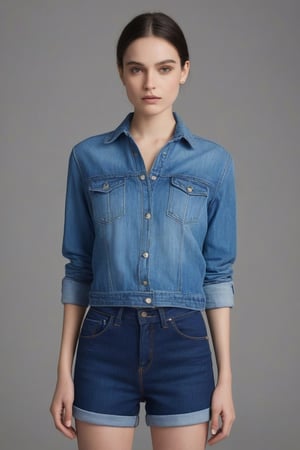 "Create a captivating look inspired by high-fashion editorials, featuring a vibrant, wearing denim short top and short colore(royal blue) and location maintain 