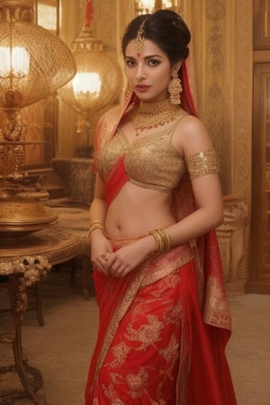 "Create a high-resolution image of an Indian model. The model should have traditional Indian features, including dark hair, brown eyes, and warm skin tone. She is wearing a beautifully adorned traditional Indian outfit, such as a sari, in vibrant colors like red or royal blue, with intricate gold embroidery. Her hair is styled in a traditional updo, adorned with jasmine flowers, and she is wearing traditional jewelry, including a maang tikka, jhumka earrings, and bangles. The background is a festive Indian setting with rich cultural elements, such as an ornate temple or a lively marketplace."