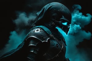 skeletton knight, skull head, blue turquoise eyes, shiny eyes, dark background, from side, coming cloud of smoke, dark smoke, walking, open mouth, dark armor, blood stains, painting, side view, holding one sword, black hood, shout, roar, cape,