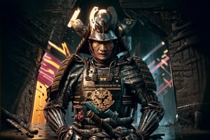 A futuristic cityscape at dusk, with neon lights reflecting off wet pavement. A lone figure emerges from the shadows: a cybernetic samurai warrior, 'Gapanys Cosmik Samuray', clad in gleaming armor and wielding a cosmic katana. The city's towering skyscrapers loom behind, illuminated by a kaleidoscope of colors, as Gapanys poses heroically, ready to take on the cosmos.,Hyper Realistic,samurai armor,Cyberpunk style props