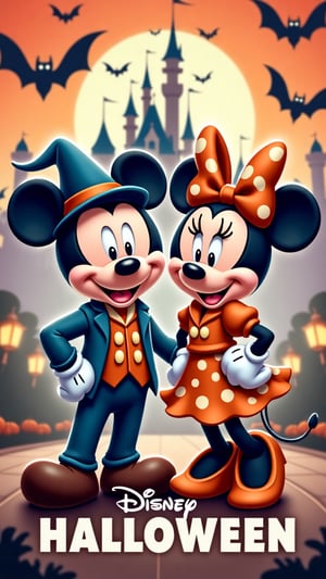 anime Style, poster, Mickey and Minnie are wearing fashionable costumes with Halloween motifs, the words "Disney" and "Halloween",Tokyo Disneyland park in the background