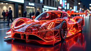 spectacular digital rendering of a (transparent:1.8) DTM concept hyper car, revealing internal mechanical components such as engine, car chassis, suspension, and internal wiring, detailed textures, detailed machinery, accurate lighting and shadows, 8k quality, intricate patterns, high-definition, glossy Red neon finish, vivid reflections, perfect lighting, busy street at night