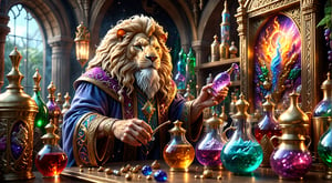 Ethereal fantasy concept art of a Wizard lion brewing potions, magnificent, celestial, ethereal, painterly, epic, majestic, magical, fantasy art, cover art, dreamy, insanely detailed and intricate, hyper maximalist, elegant, hyper realistic, super detailed, vivid colours, ornate, dynamic, articulate, 8K, (Framed 3D), EPIC, high budget Hollywood movie, volumetric, Painstaking Attention To Detail, UHD