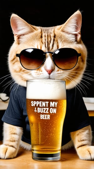 A photo cat drinking a beer, wearing sunglasses and wearing a t-shirt. text on the t-shirt say's "Spent my buzz on beer". UHD