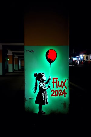 Photo of a wall in the city. On the wall we see detailed glowing graffiti with a young Filipina girl with long updo hair holding a red balloon in the style of Banksy, the graffiti text reads "FLUX 2024".