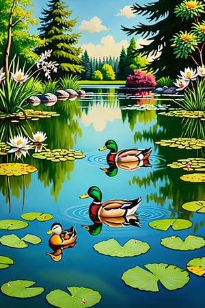 Panoramic view, A family of ducks swimming in a tranquil pond, more realistic details,Extremely Realistic