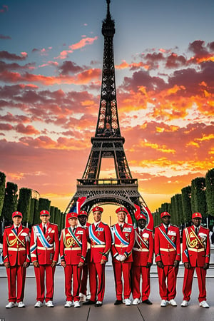 A majestic shot: against the iconic Eiffel Tower's iron lacework, Paris Olympic Games athletes stand in unison, their vibrant uniforms popping against the evening sky. A bold banner unfurls behind them, emblazoned with PARIS 2024 in striking red letters. The athletes' determined faces and strong poses exude unity and strength as they proudly display their country's flag, set amidst the City of Light's most recognizable landmark.