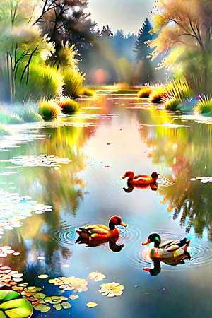 Panoramic view, A family of ducks swimming in a tranquil pond, more realistic details,Extremely Realistic,more detail XL,shiny,glitter