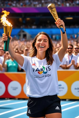 A triumphant figure stands amidst a sea of expectant faces in a packed sports stadium. The girl's subtle smile radiates confidence as she holds the Olympic torch aloft, her white t-shirt and black sport shorts a sleek contrast to the vibrant atmosphere. Text "PARIS 2024" written on her shirt serves as a declaration of pride. Her pose, captured in mid-stretch, exudes a sense of dynamic energy. The high-resolution image is rendered in exquisite HDR detail, with every subtle texture and nuance brought to life in a masterpiece of digital art.