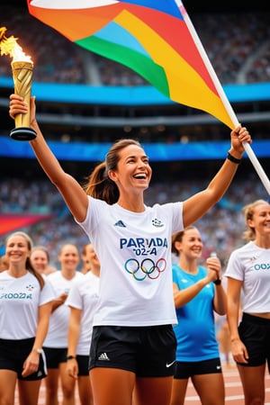 A triumphant figure stands amidst a sea of expectant faces in a packed sports stadium. The girl's subtle smile radiates confidence as she holds the Olympic torch aloft, her white t-shirt and black sport shorts a sleek contrast to the vibrant atmosphere. Text "PARIS 2024" written on her shirt serves as a declaration of pride. Her pose, captured in mid-stretch, exudes a sense of dynamic energy. The high-resolution image is rendered in exquisite HDR detail, with every subtle texture and nuance brought to life in a masterpiece of digital art.