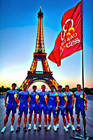 A majestic shot: against the iconic Eiffel Tower's iron lacework, Paris Olympic Games athletes stand in unison, their vibrant uniforms popping against the evening sky. A bold banner unfurls behind them, emblazoned with PARIS 2024 in striking red letters. The athletes' determined faces and strong poses exude unity and strength as they proudly display their country's flag, set amidst the City of Light's most recognizable landmark.