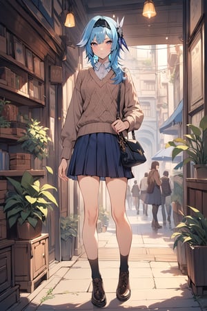 1girl, eula, bangs, hair ornament, hair between eyes, blue hair, purple eyes, sidelocks, hairband, medium hair, black hairband, genshin impact, looking at viewer, closed mouth, full body, alternate costume, skirt, long sleeves, standing, pleated skirt, bag, white shirt, vest, brown sweater vest, handbag, shoulder bag, indoors, extremely detailed, (masterpiece)