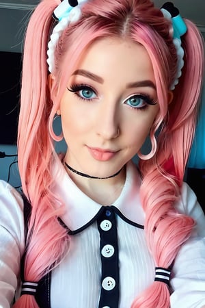 BELLE DELPHINE , PERFECT BEAUTY, winking at the camera, LIGHT PINK HAIR, PIGTAILS, gamer thot, wing tip eye makeup, button nose, e girl, sexual look, THIN UPPER LIP, catlike features, iphone mirror selfie, holding iphone