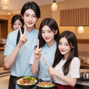 A confident smile, Home kitchen with large windows,Happy young couple,Smiling children,短いBlack Hair, Brown eyes,Brown Skin,Two students、Making a gesture commonly associated with the peace sign while speaking (Tele from the restaurant), skirt, Black Hair, indoor, Cooking Japanese food, shirt, ((((Complete faithful finger))))