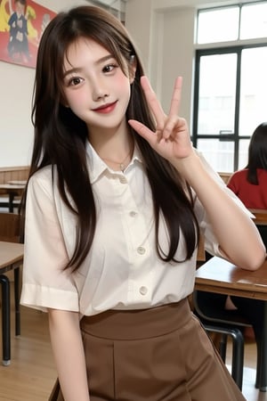 ((Best quality, 8K, Masterpiece:1.3)), couple, confident smiles, taking photo, after school, restaurant, having fun, peace sign gestures, short black hair, brown eyes, brown skin, students, uniforms, slacks, skirt, indoor, hamburger, highly detailed face and skin texture, highly detailed fingers
